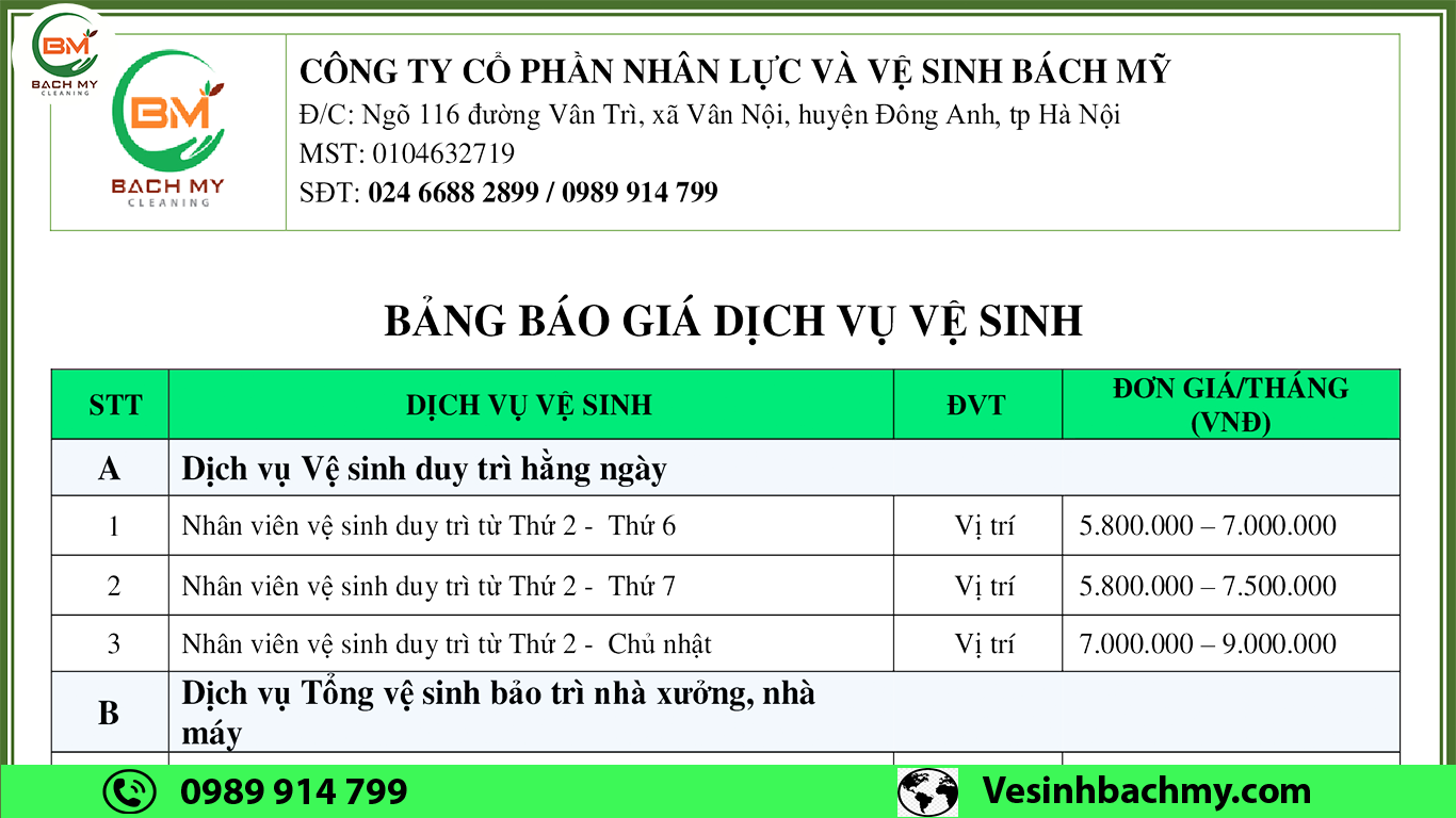 Báo giá dịch vụ vệ sinh công nghiệp